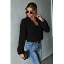 Edgy Blouses Solid Color V Neck Fitted Long Sleeves Ruffles Designed Blouses for Women