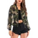 Unique Women Camouflage Pattern Long Sleeve Stand Collar Regular Fit Zip Down Jacket