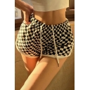 Elegant Checked Pattern High Rise Regular Drawstring Waist Shorts for Girls