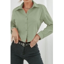 Cozy Ladies Shirt Pure Color Turn-down Collar Long Sleeves Slimming Button Fly Crop Shirt