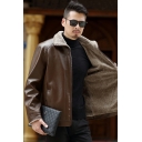 Fashionable Guy's Solid Color Spread Collar Long Sleeve Regular Zipper Leather Fur Jacket