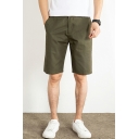 Retro Cotton Whole Colored Front Pocket Regular Button Closure Shorts for Guys