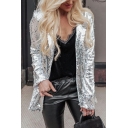 Women Stylish Sequined Print Long Sleeves Lapel Collar Fitted Zip down Blazer