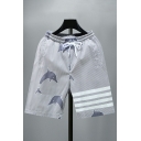 Boys Fashionable Whale Pattern Drawstring Waist Stripe Detailed Fitted Shorts
