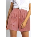 Ladies Street Look Solid High Rise Front Pocket Relaxed Drawstring Waist Shorts