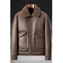 Street Style Pure Color Long Sleeves Spread Collar Zip-up Leather Fur Jacket for Men