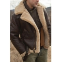 Dashing Men Control Color Lapel Collar Relaxed Long Sleeves Zipper Leather Fur Jacket