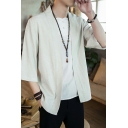 Simple Mens Whole Colored Half-Sleeved Waterfall Collar Regular Fit Open Front Jacket
