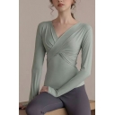 Novelty Pure Color V Neck Long Sleeves Sashes Designed Slim Fit Tee Shirt for Girls