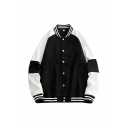 Guy's Chic Contrast Line Button Closure Loose Stand Collar Long-sleeved Baseball Jacket