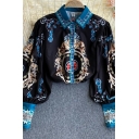 Street Look Tribal Printed Shirt Point Collar Long Sleeves Button Fly Shirt for Ladies