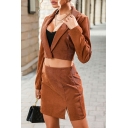 Girl's Fancy Solid Color V-neck Long Sleeve Crop Blazer with Split Skirt Slimming Set