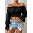 Retro Blouses Solid off The Shoulder Sashes Long Sleeve Regular Crop Blouses for Ladies