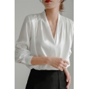 Edgy Women Blouses Solid Color V-neck Long-sleeved Regular Blouses