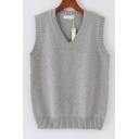 Mens Simple Whole Colored Rib Hem V Neck Sleeveless Relaxed Knitted Vest