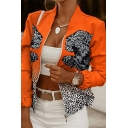 Ladies Popular Leopard Pattern Pocket Zip Closure Stand Collar Slimming Jacket