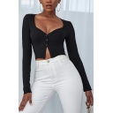 Fashion Ladies Pure Color Long Sleeve V-neck Button Closure Crop Knitted Top