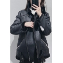 Street Look Women Solid Color Pocket Lapel Collar Long Sleeves Zipper Leather Jacket