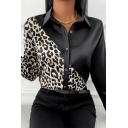 Edgy Women Shirt Leopard Print Button down Turn-down Collar Log-sleeved Skinny Shirt