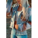 Women Freestyle Tribal Pattern Long Sleeves Hooded Chest Pocket Button-up Denim Jacket