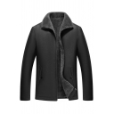 Men Stylish Jacket Plain Spread Collar Zipper Long-sleeved Zip-up Leather Fur Jacket