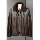 Leisure Men Solid Pocket Spread Collar Long Sleeve Regular Fit Zip Fly Leather Fur Jacket