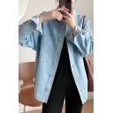 Women Chic Jacket Solid Color Chest Pocket Point Collar Button Closure Loose Denim Jacket