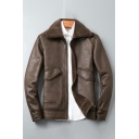 Simple Plain Flap Pocket Spread Collar Long Sleeve Zip Fly Leather Fur Jacket for Men