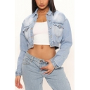 Hot Plain Pocket Detail Spread Collar Slimming Long-sleeved Crop Denim Jacket for Girls
