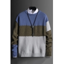 Long Sleeves Round Neck Loose Fitting Color Stitching Men Pullover Sweater Tops
