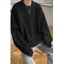 Loose Fitting Solid Color Drop Shoulder Cozy Sweater-Knit Hooded Top with Round Neck for Men