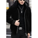 Guy's Novelty Pure Color Regular Fitted Hooded Long Sleeves Zipper Leather Fur Jacket
