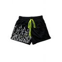 Fancy Fire Printed Pocket Decoration Drawcord Mid Rise Baggy Shorts for Guys