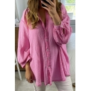 Street Look Plain Shirt Spread Collar Long Sleeves Button Fly Shirt for Ladies