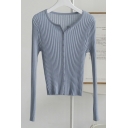 Street Look Plain Long Sleeves Crew Neck Slim Fit Button down Knitted Top for Girls
