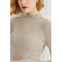 Edgy Women Solid Color Mock Neck Long Sleeves Slim Fitted Knitted Top