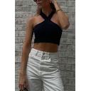 Girls Original Plain Halter Sleeveless Slim Fitted Cropped Knitted Top