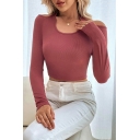 Girlish Solid Scoop Neck Long Sleeves Hollow Out Crop Knitted Top for Girls