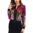 Unique Sequined Pattern Long Sleeves Round Collar Zip Fly Regular Blazer for Women
