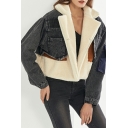 Modern Ladies Contrast Color Lambswool Pocket Long Sleeve Lapel Collar Zipper Denim Jacket