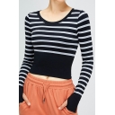 Women Formal Striped Print Round Neck Long Sleeves Slim Fitted Crop Tee Shirt