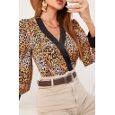 Women Elegant Blouses Leopard Pattern Long-Sleeved V Neck Slim Fitted Crop Blouses