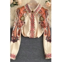 Freestyle Ladies Shirt Floral Pattern Point Collar Long-Sleeved Button Fly Shirt