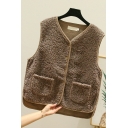 Casual Whole Colored Sleeveless V Neck Zipper Pocket Decoration Vest for Women
