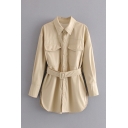 Women Vintage Pure Color Point Collar Long Sleeves Belt Single Breast Leather Jacket