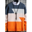 Basic Knitwear Contrast Color Long Sleeves Crew Collar Relaxed Pullover Sweater for Men