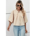 Hot Blouses Pure Color Bow Detail Crew Neck Half Sleeve Regular Ruffles Blouses for Girls
