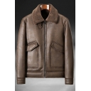 Popular Guys Plain Long Sleeves Regular Fitted Zipper Spread Collar Leather Fur Jacket