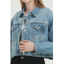 Street Look Girls Plain Turn-down Collar Chest Pocket Relaxed Button-up Crop Denim Jacket