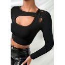 Hot Women Solid Color Long Sleeves Hollow Out Crew Collar Cropped Knitted Top